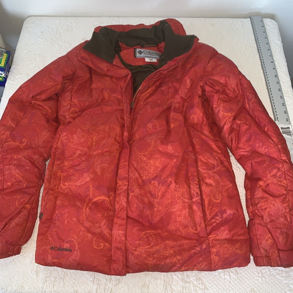 Columbia Titanium 550 Down Orange Red Paisley Puffer Jacket Size L
